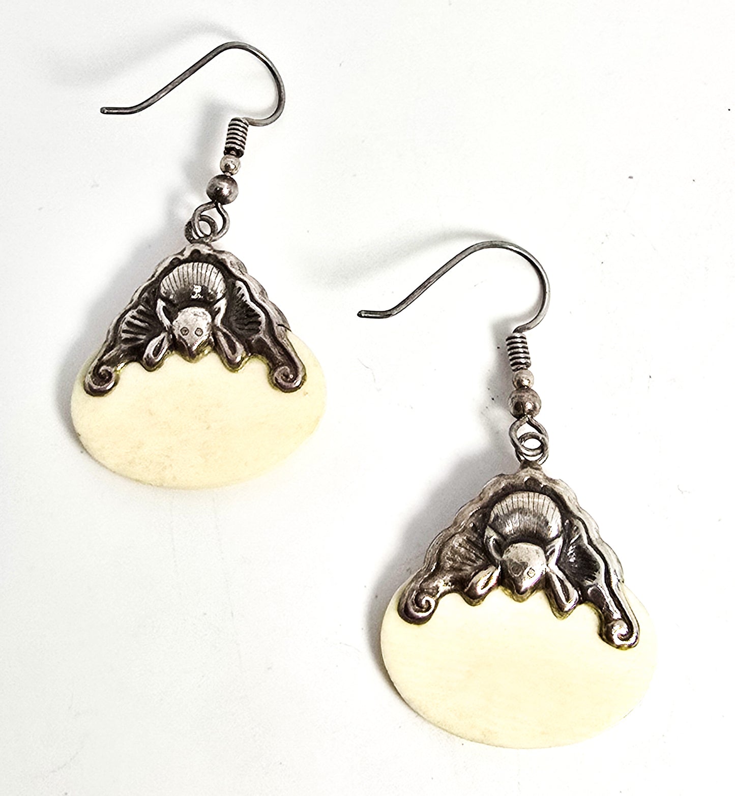 Chinese Export ornate Bat Mother of Pearl MOP sterling silver drop vintage earrings