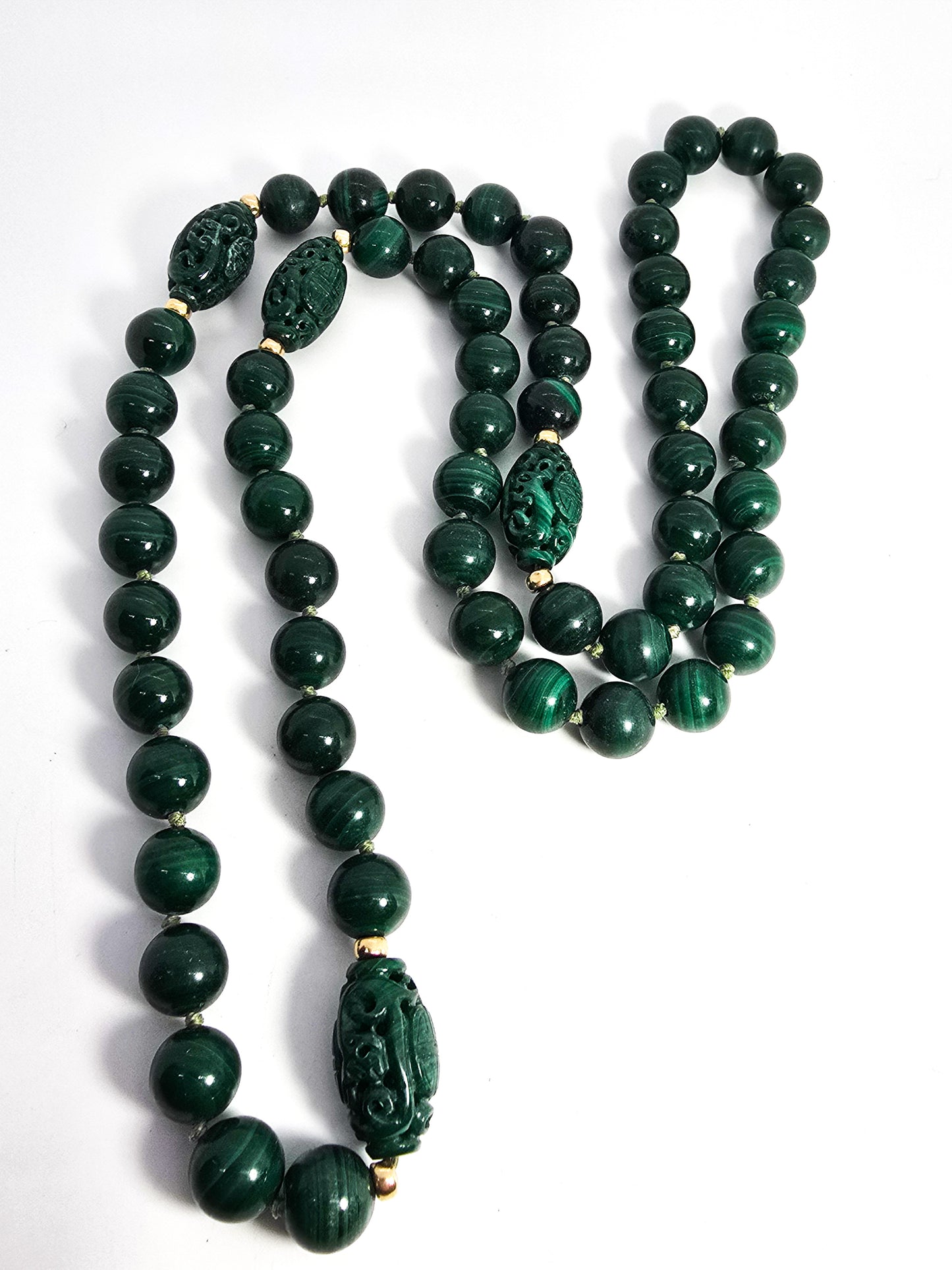 Malachite carved gemstone 14k gold accent vintage 30" beaded vintage necklace