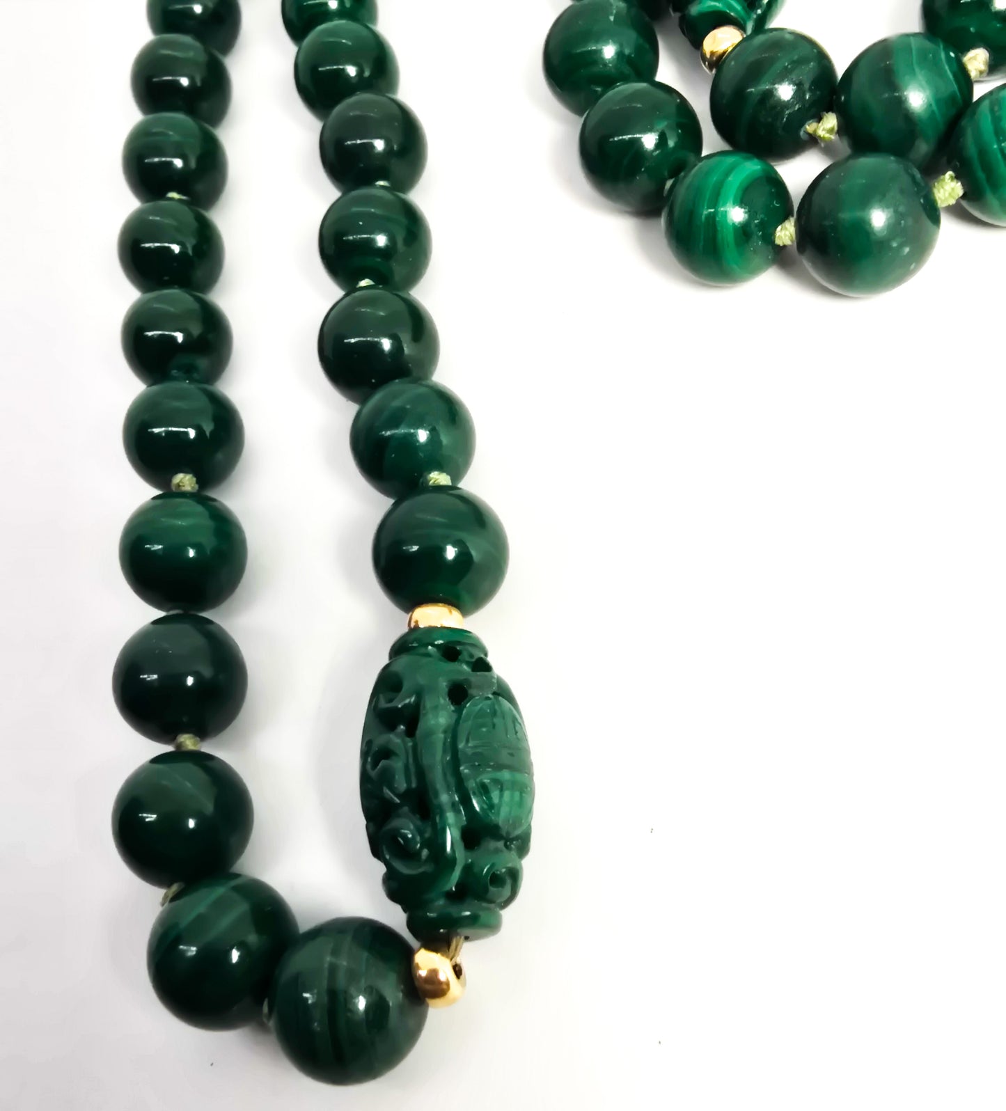 Malachite carved gemstone 14k gold accent vintage 30" beaded vintage necklace