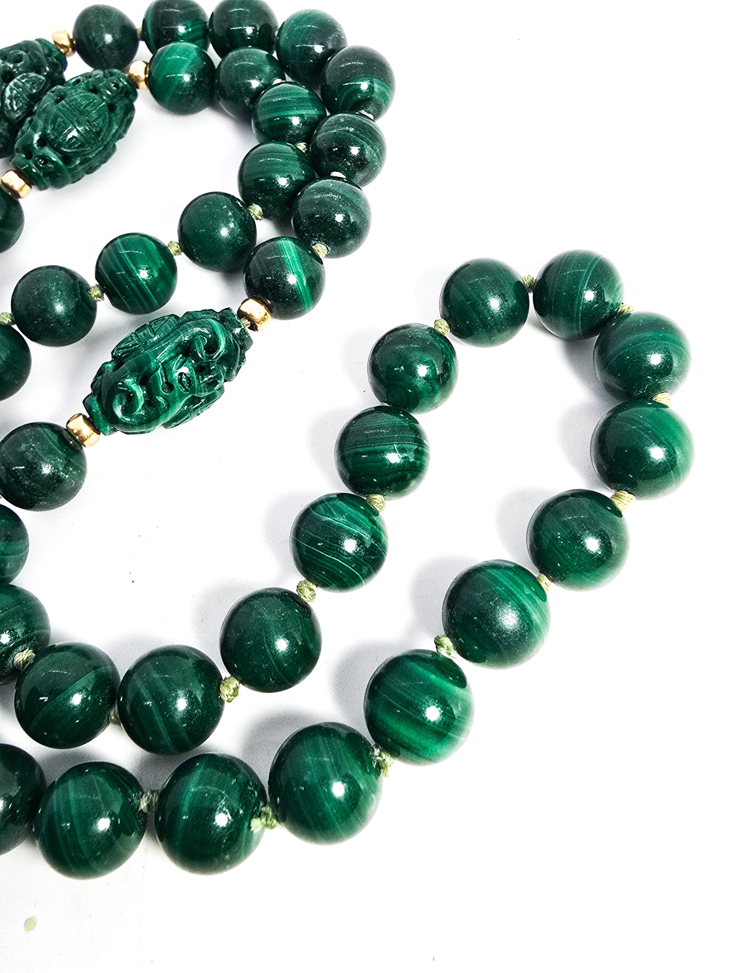 Malachite carved gemstone 14k gold accent vintage 30" beaded vintage necklace