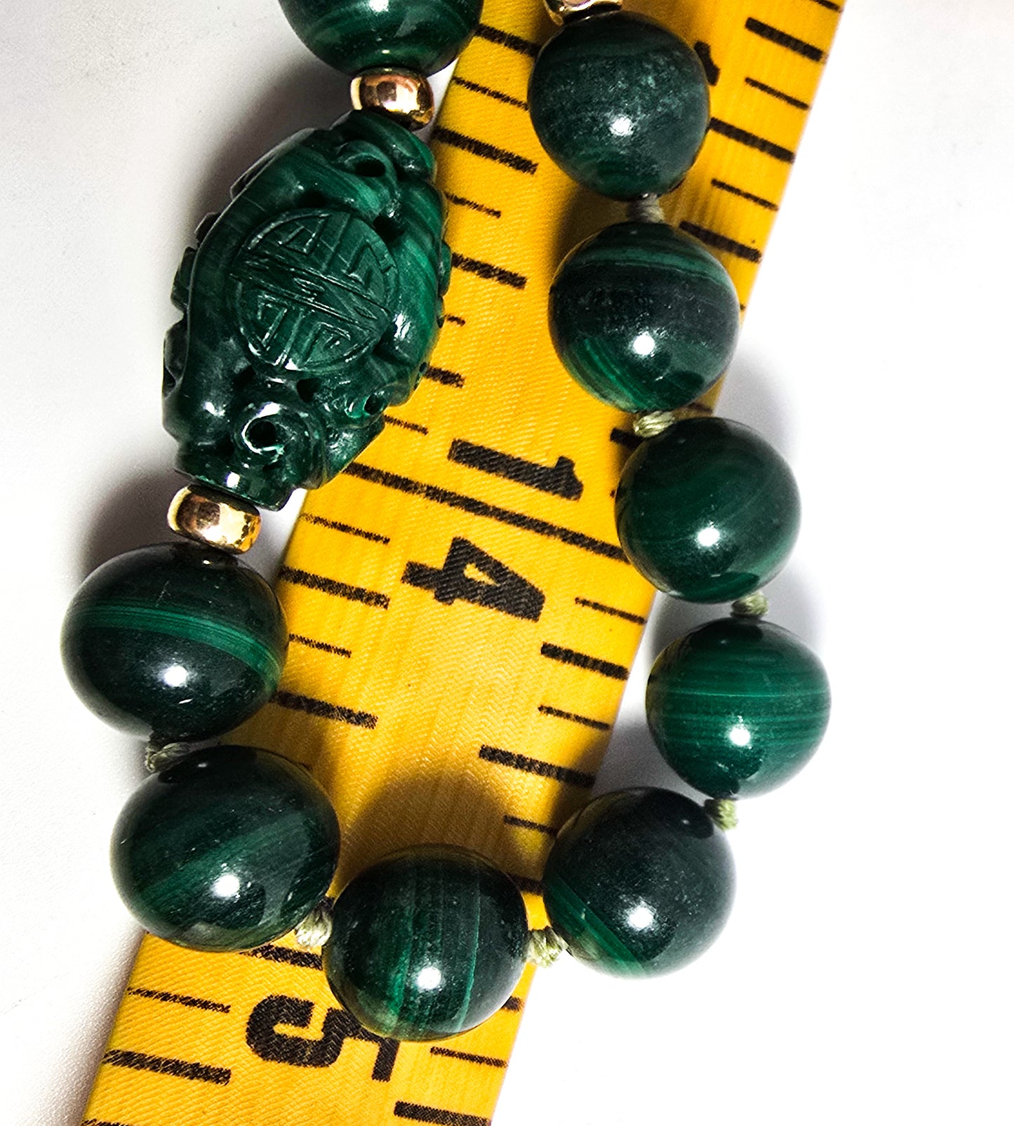 Malachite carved gemstone 14k gold accent vintage 30" beaded vintage necklace