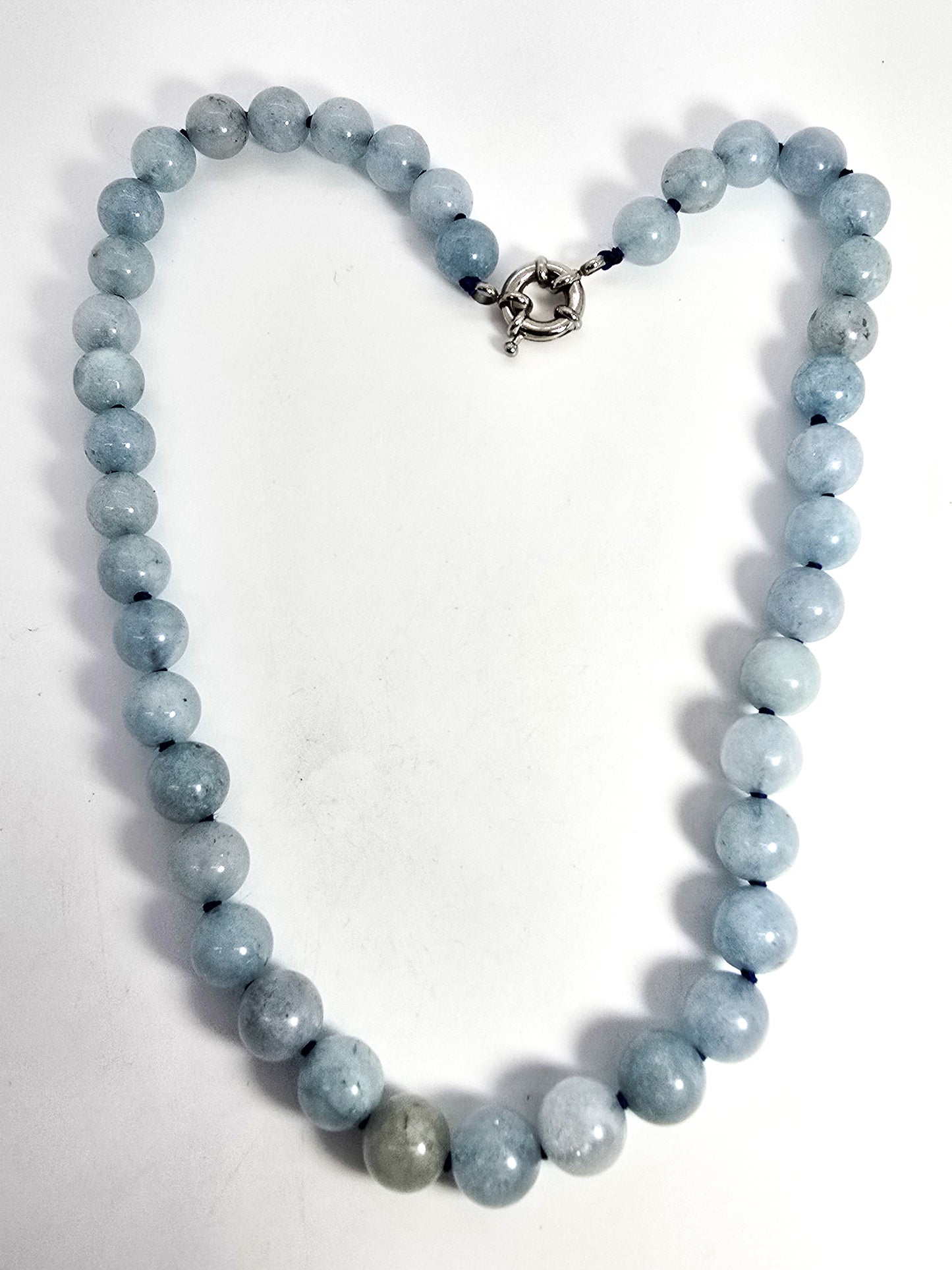 Aquamarine blue gemstone 8mm natural beaded silver toned necklace