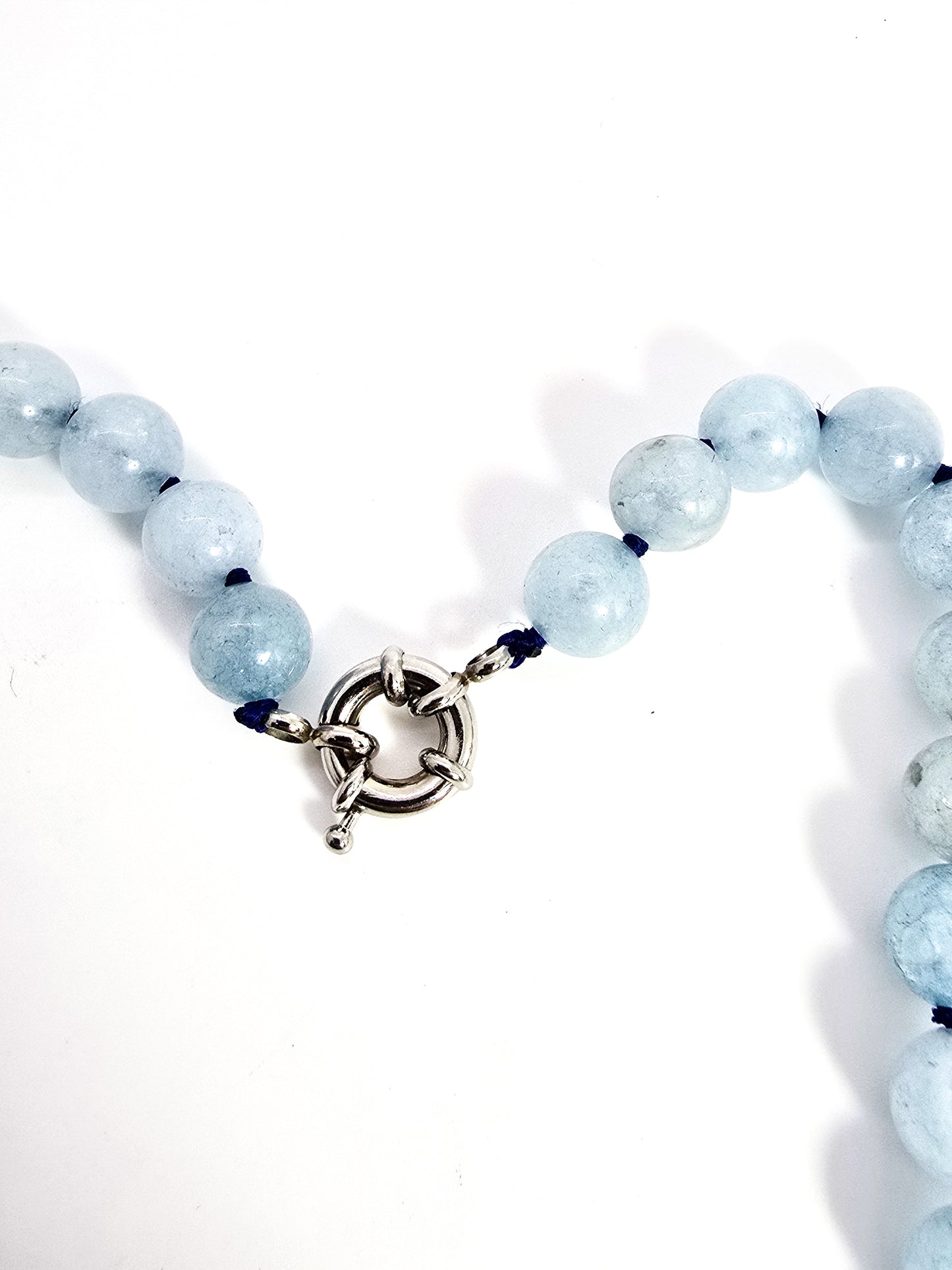 Aquamarine blue gemstone 8mm natural beaded silver toned necklace
