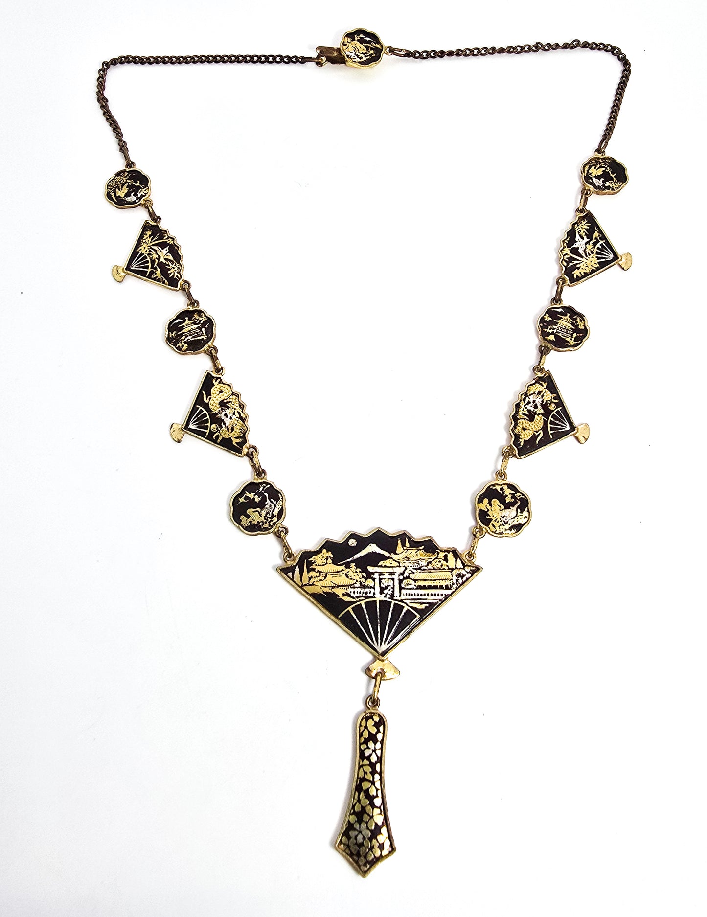 Japanese Damascene fan necklace Amita jewelry Mount Fuji Vintage necklace