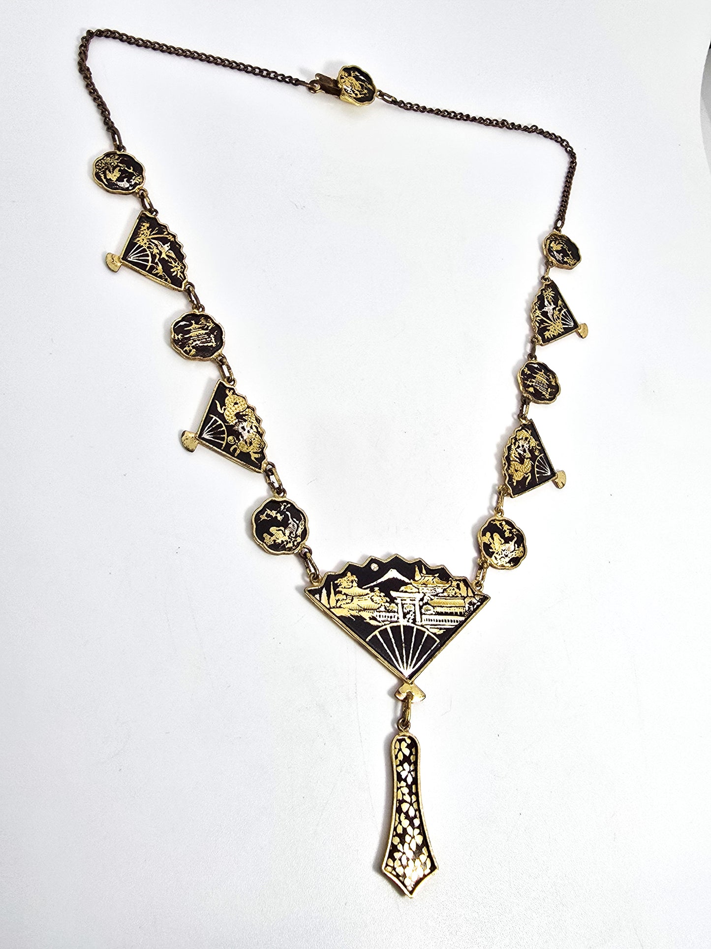 Japanese Damascene fan necklace Amita jewelry Mount Fuji Vintage necklace