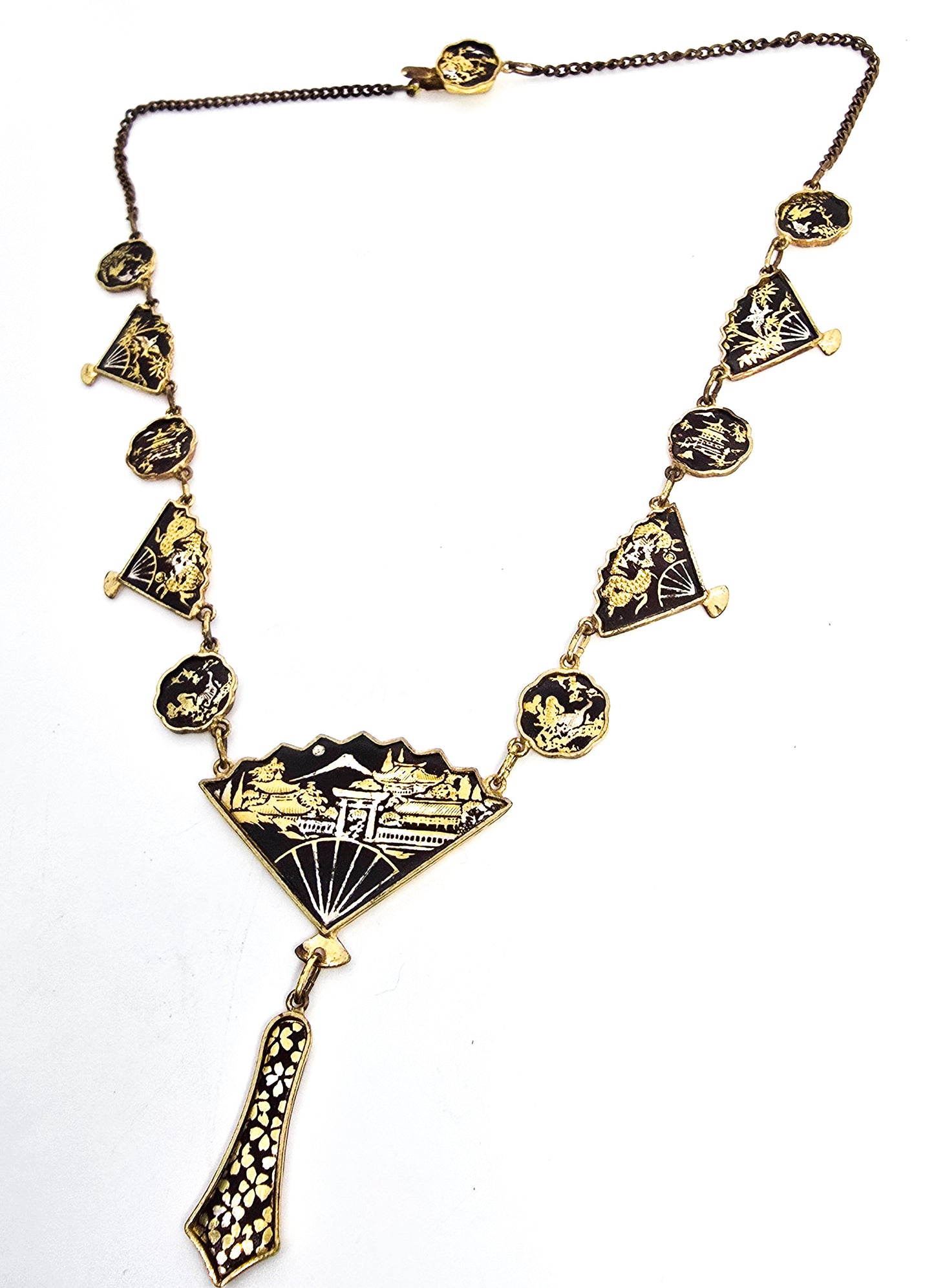 Japanese Damascene fan necklace Amita jewelry Mount Fuji Vintage necklace