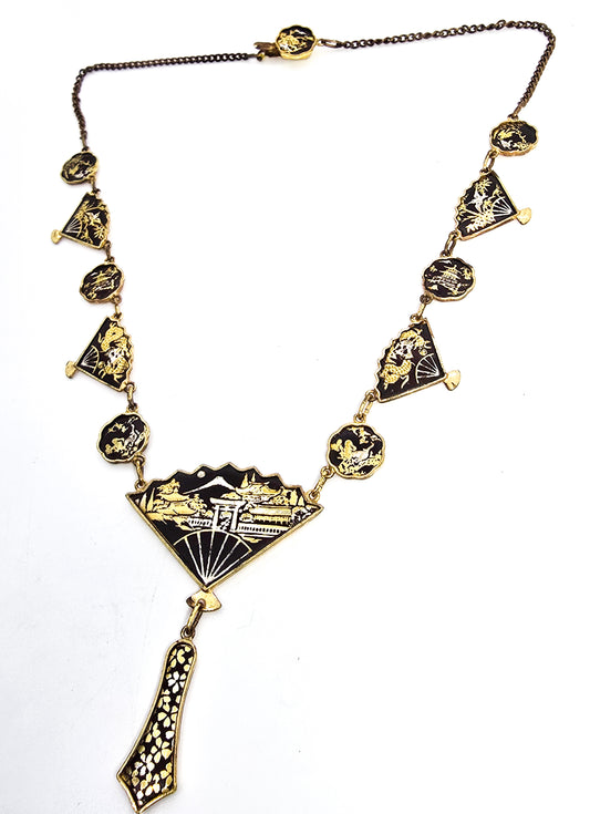 Japanese Damascene fan necklace Amita jewelry Mount Fuji Vintage necklace