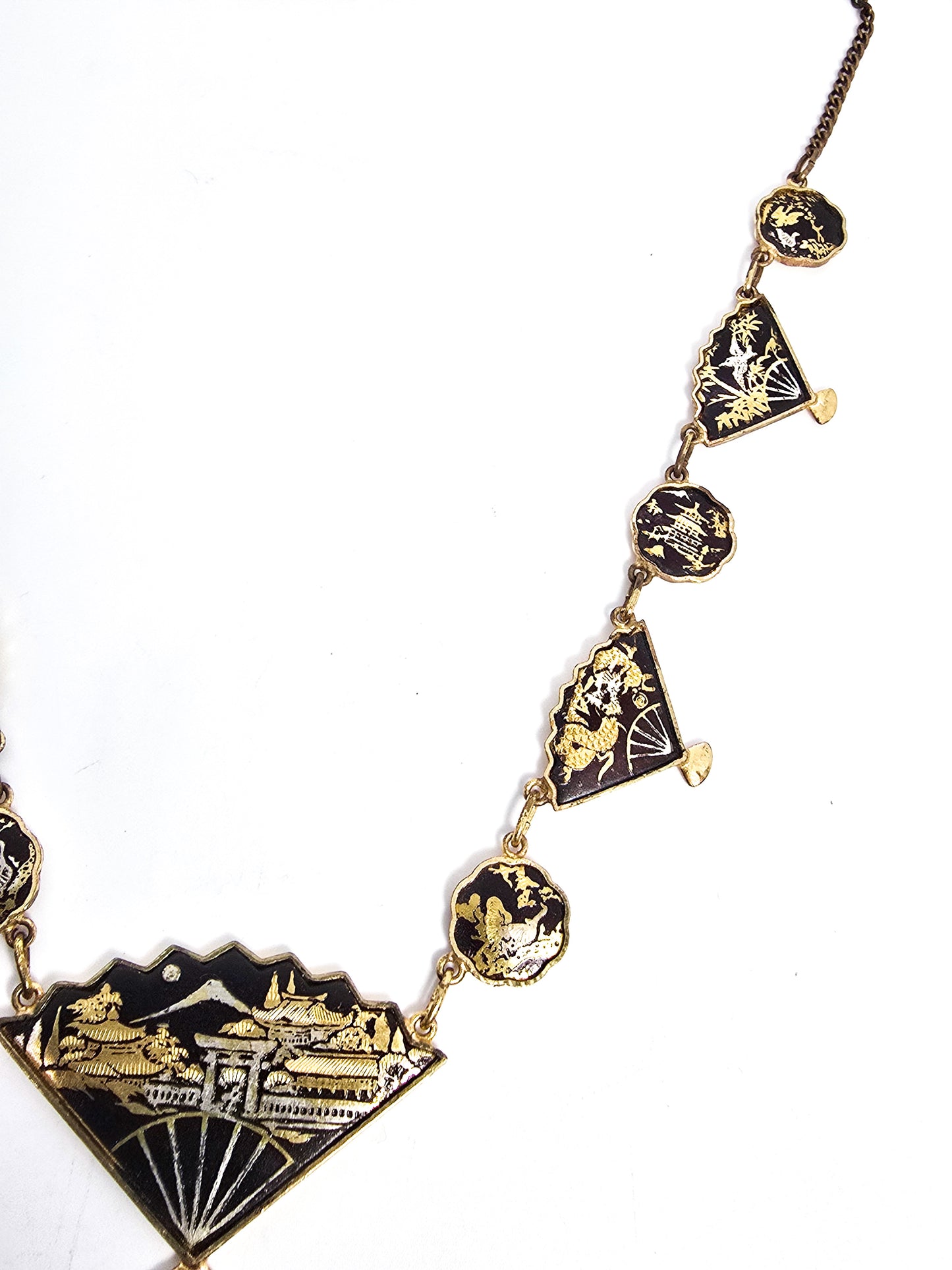 Japanese Damascene fan necklace Amita jewelry Mount Fuji Vintage necklace