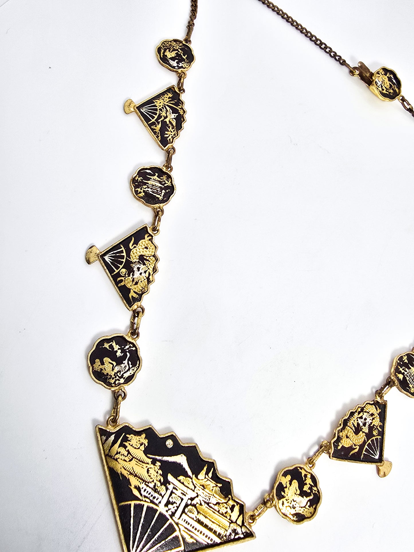 Japanese Damascene fan necklace Amita jewelry Mount Fuji Vintage necklace