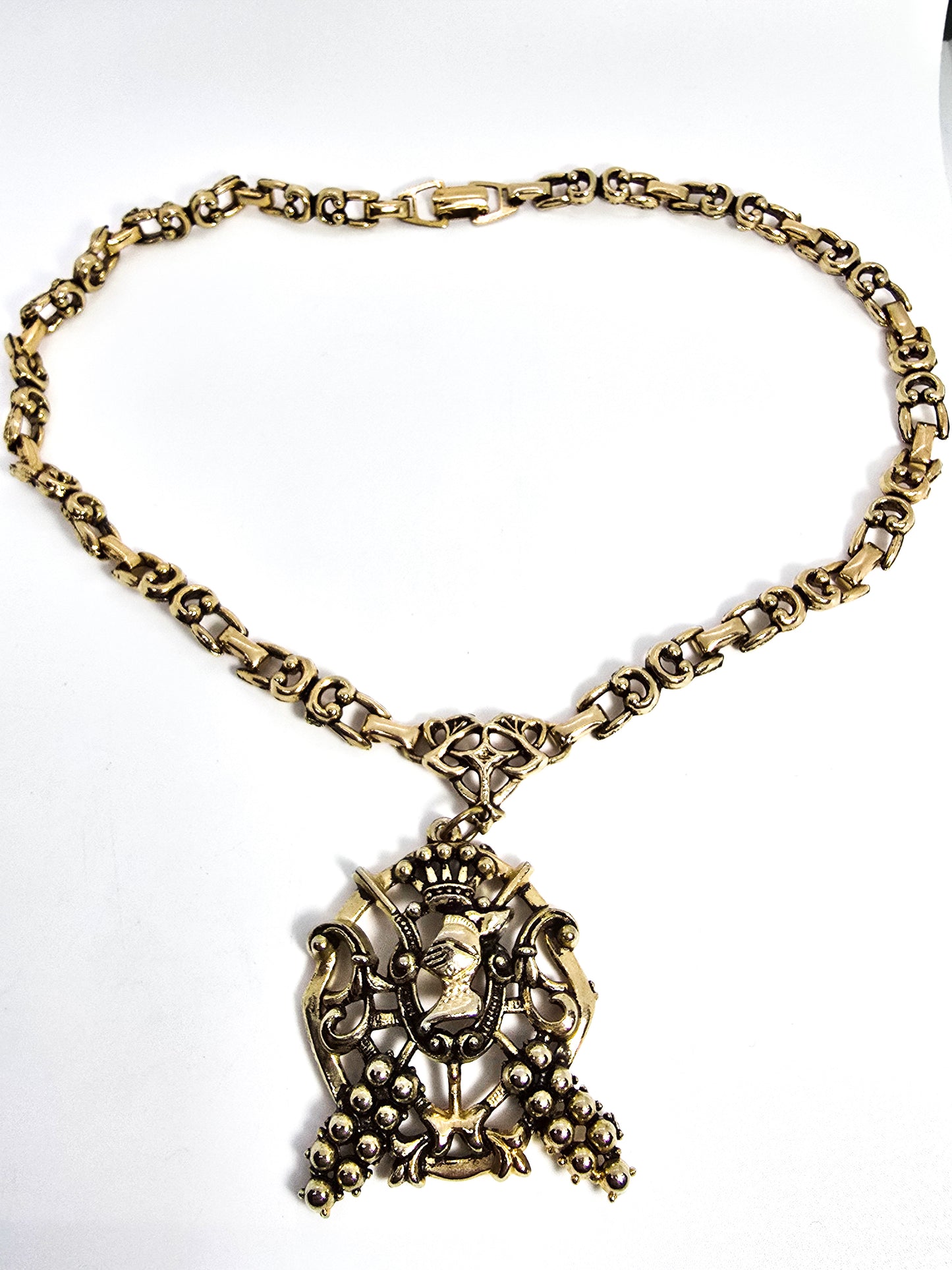 Heraldic knight coat of arms large gold toned mid century vintage statement necklace