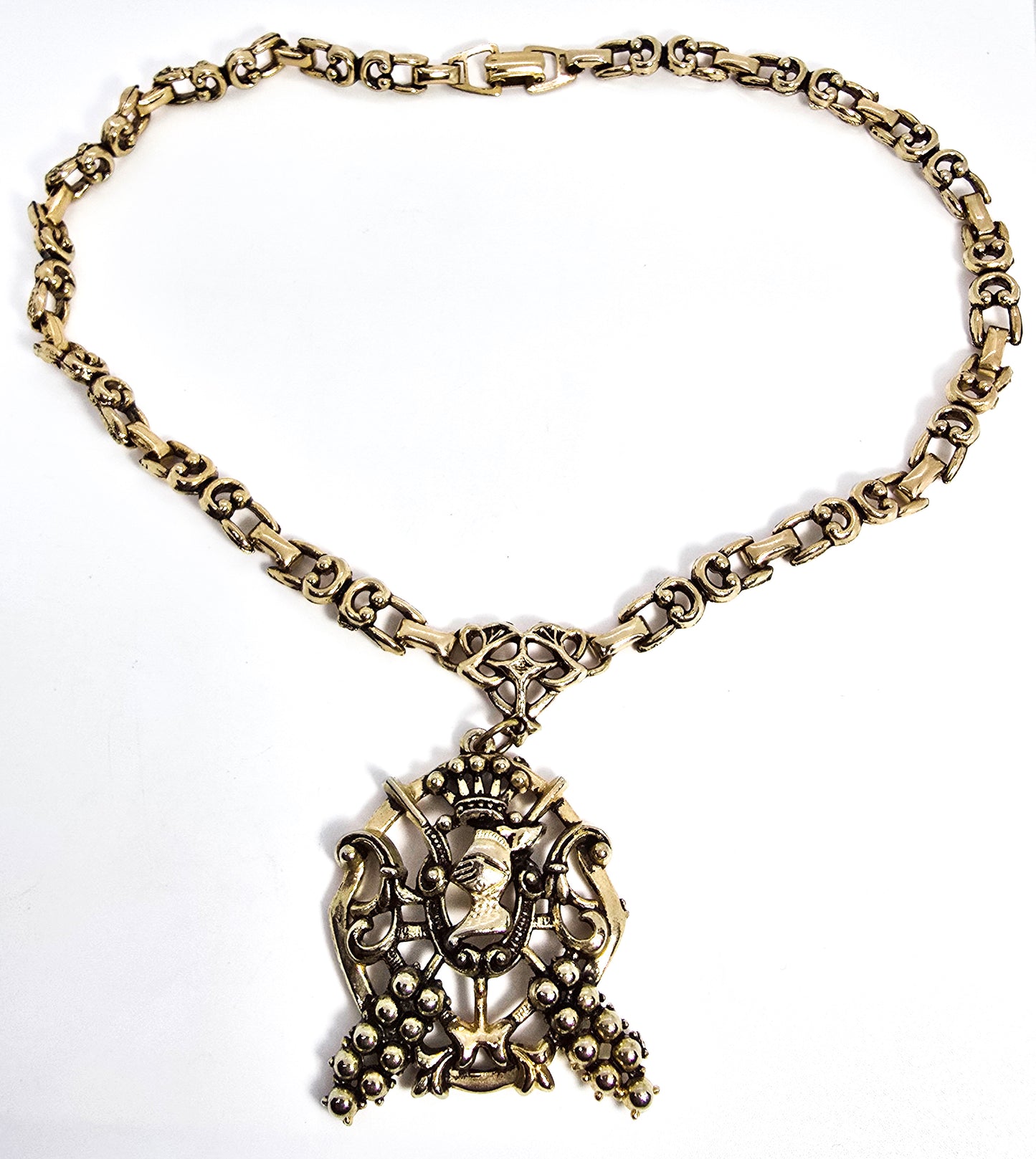 Heraldic knight coat of arms large gold toned mid century vintage statement necklace