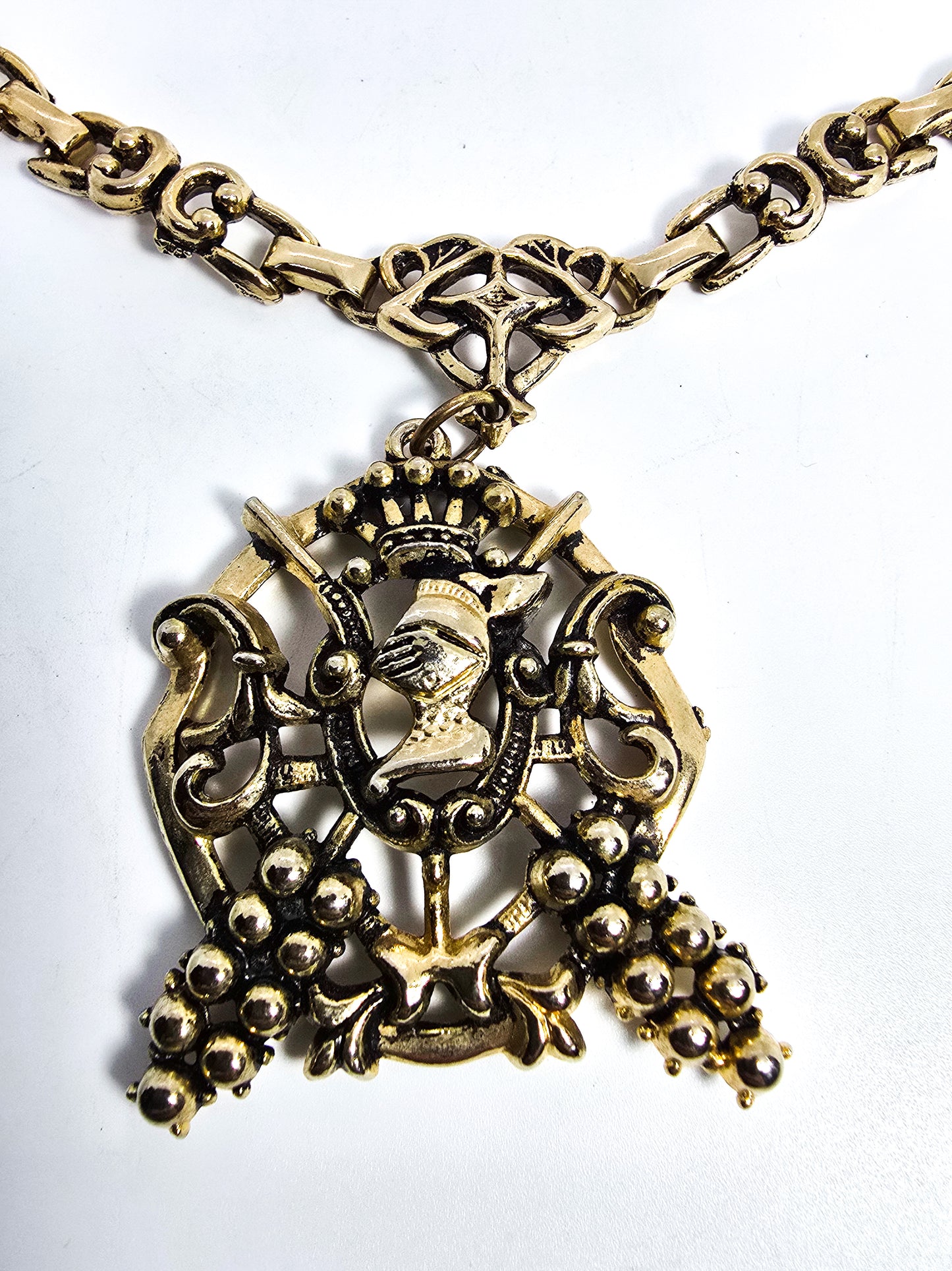 Heraldic knight coat of arms large gold toned mid century vintage statement necklace