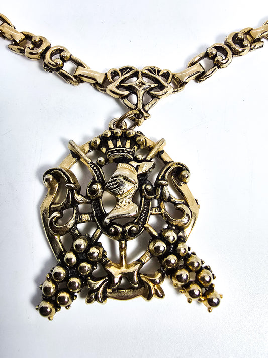 Heraldic knight coat of arms large gold toned mid century vintage statement necklace