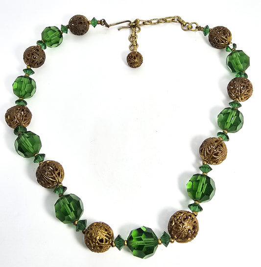 Green Austrian crystal brass beaded vintage mid century adjustable necklace