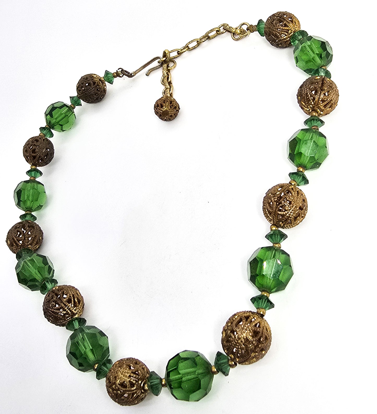 Green Austrian crystal brass beaded vintage mid century adjustable necklace