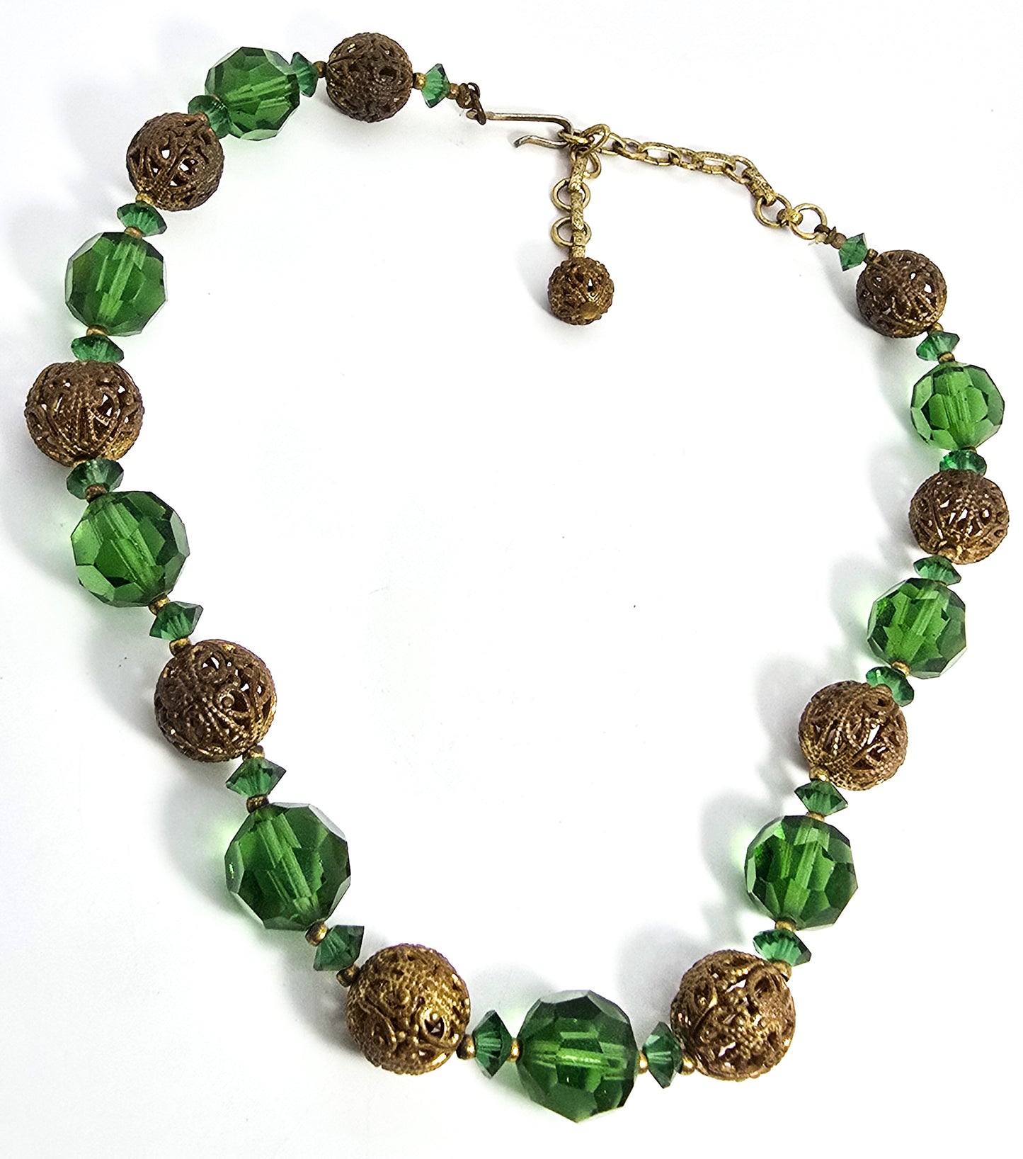 Green Austrian crystal brass beaded vintage mid century adjustable necklace