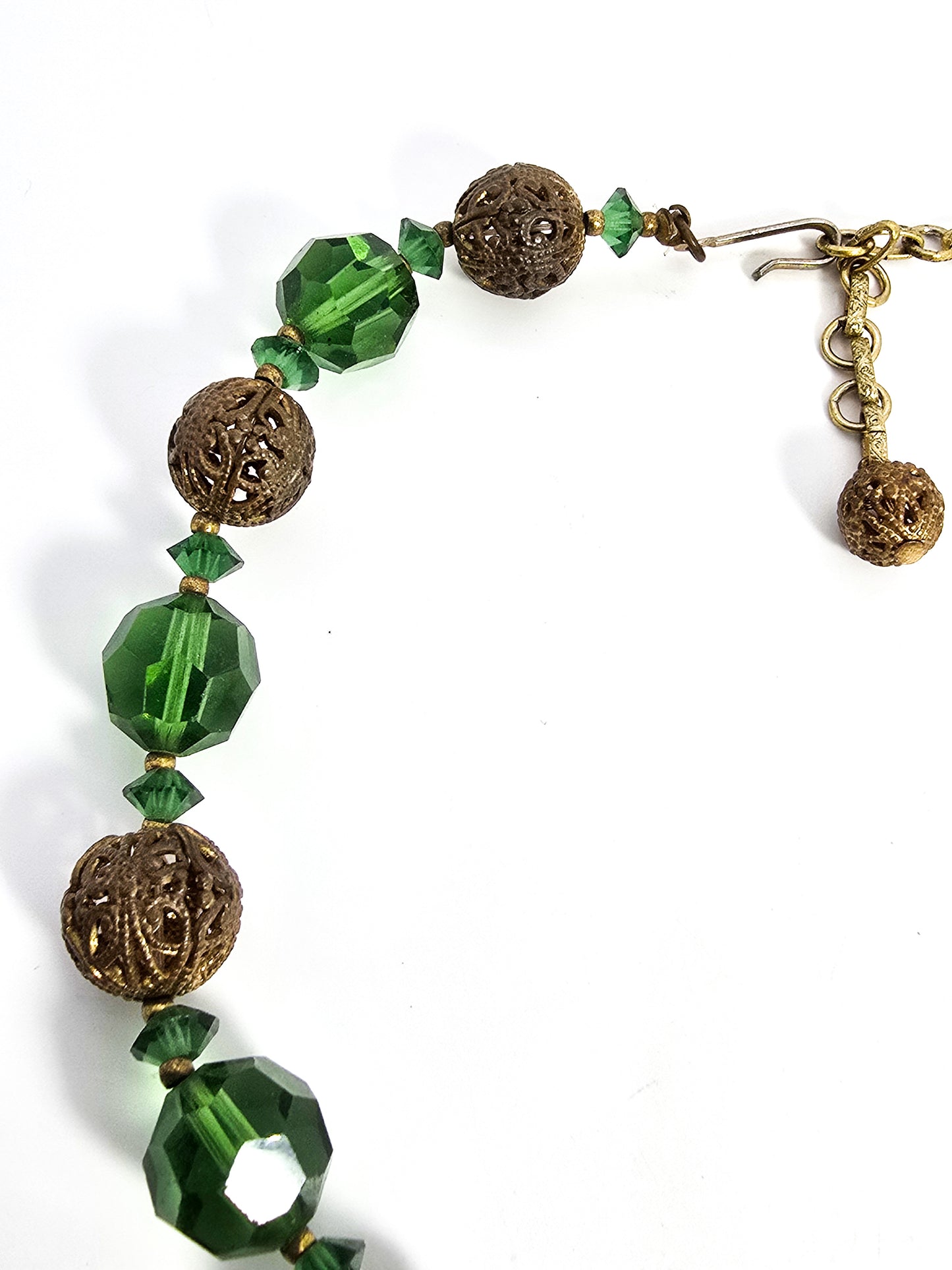 Green Austrian crystal brass beaded vintage mid century adjustable necklace