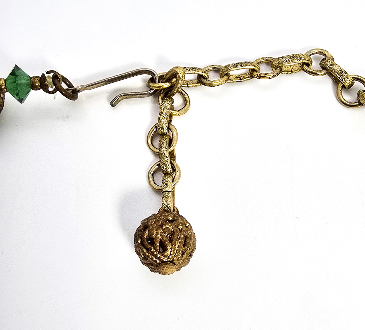 Green Austrian crystal brass beaded vintage mid century adjustable necklace