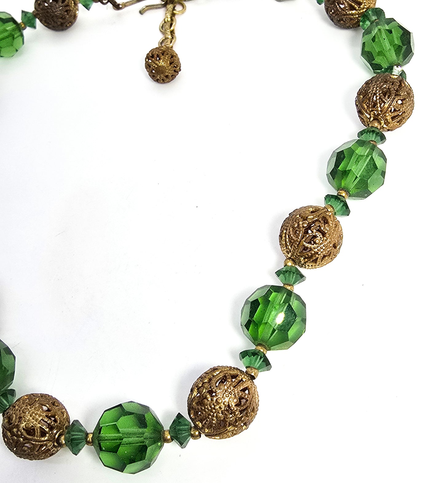 Green Austrian crystal brass beaded vintage mid century adjustable necklace