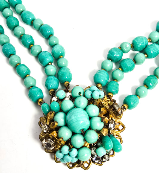 Robert Demario NYC robins egg blue rhinestone three strand vintage necklace