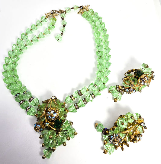 Robert Demario green crystal AB rhinestone flower vintage necklace earrings set demi