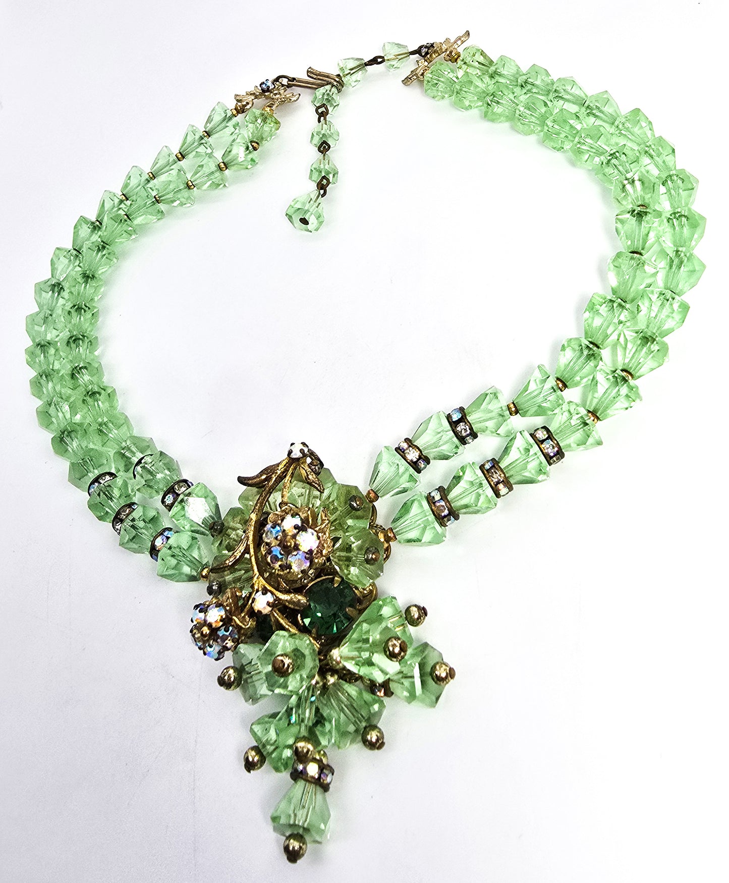 Robert Demario green crystal AB rhinestone flower vintage necklace earrings set demi