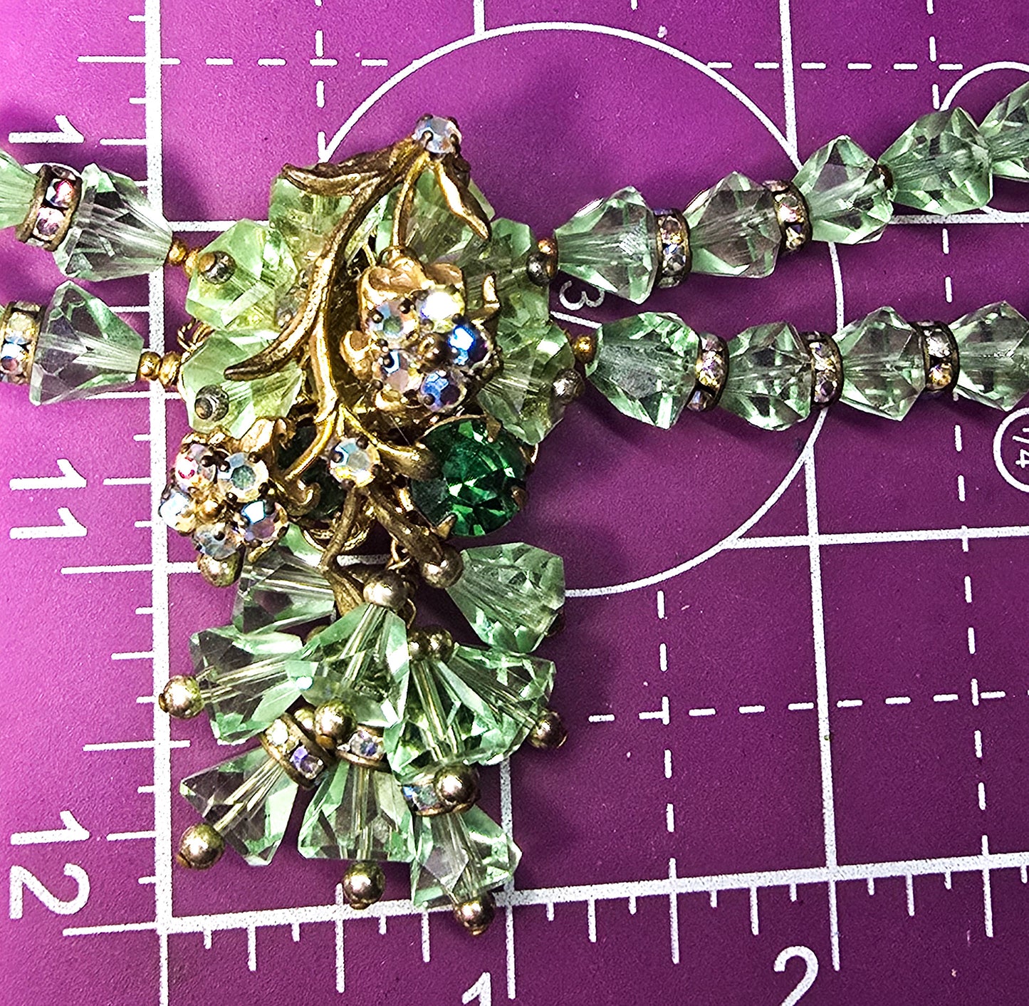 Robert Demario green crystal AB rhinestone flower vintage necklace earrings set demi