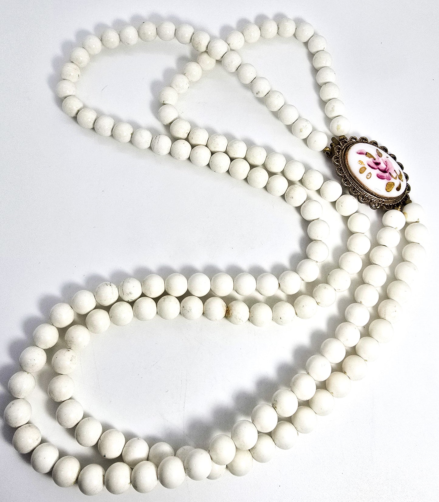 Pink flower white plastic beaded two strand vintage necklace clip earrings set
