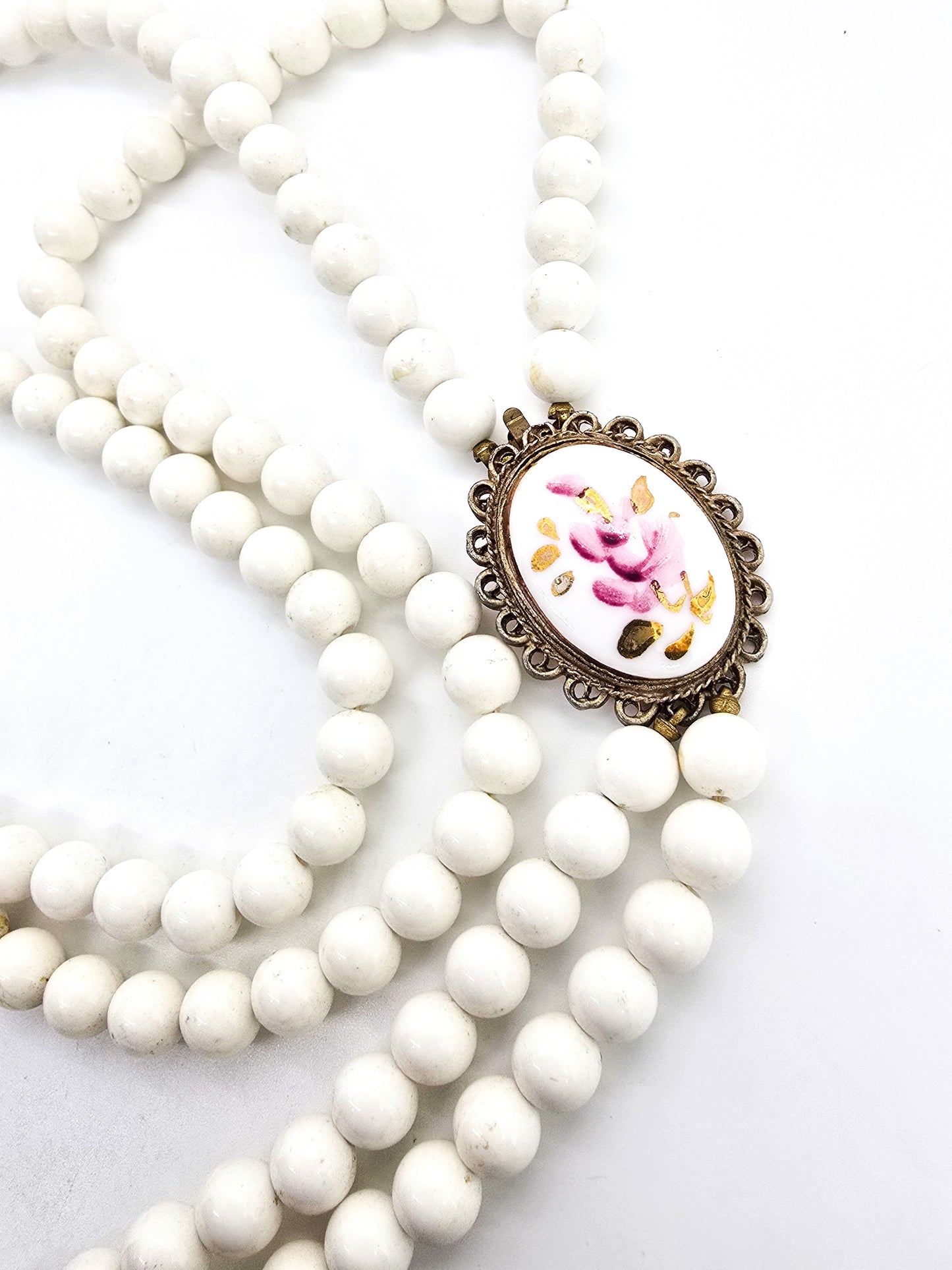 Pink flower white plastic beaded two strand vintage necklace clip earrings set