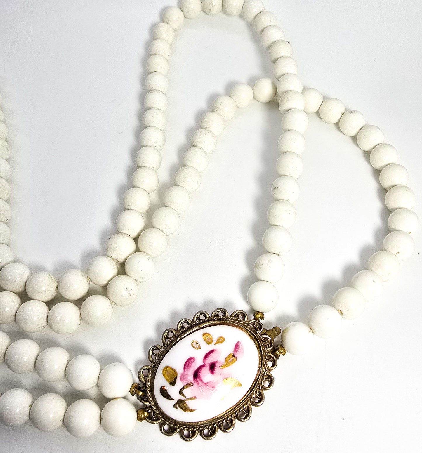 Pink flower white plastic beaded two strand vintage necklace clip earrings set