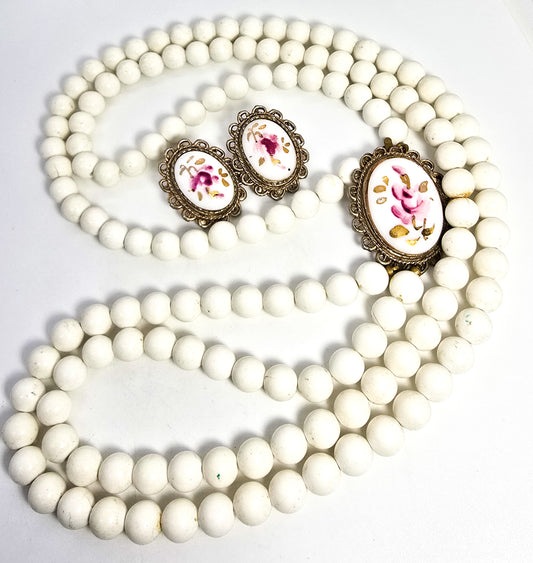 Pink flower white plastic beaded two strand vintage necklace clip earrings set