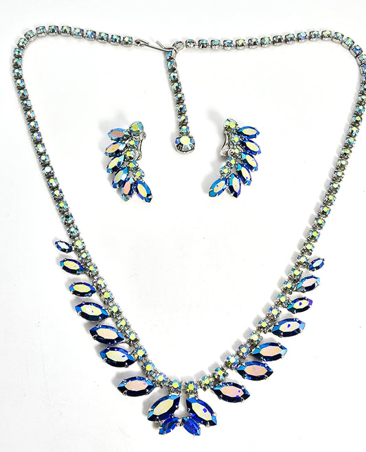 B. David Blue Aurora borealis rainbow necklace clip on earrings vintage demi set