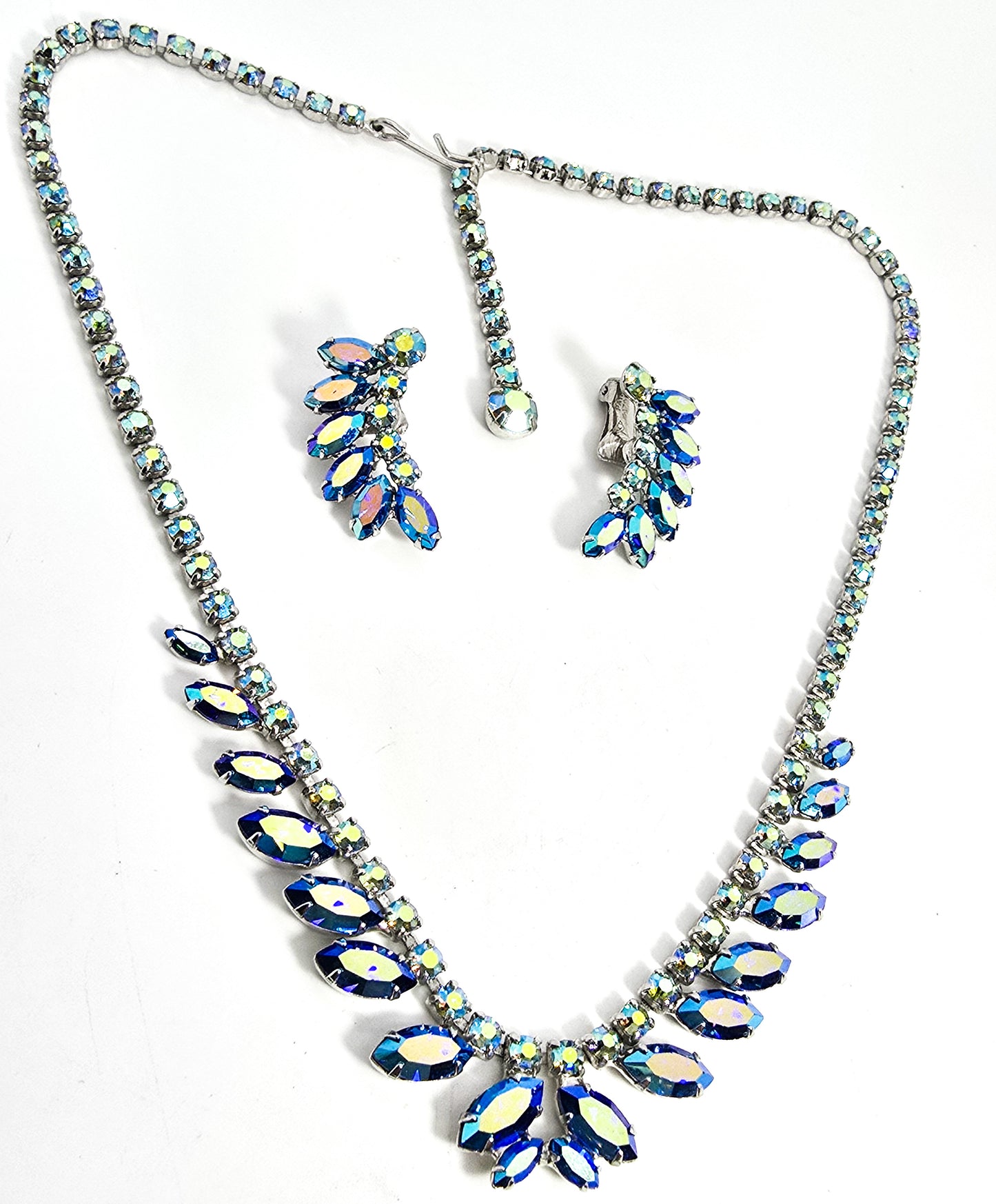 B. David Blue Aurora borealis rainbow necklace clip on earrings vintage demi set