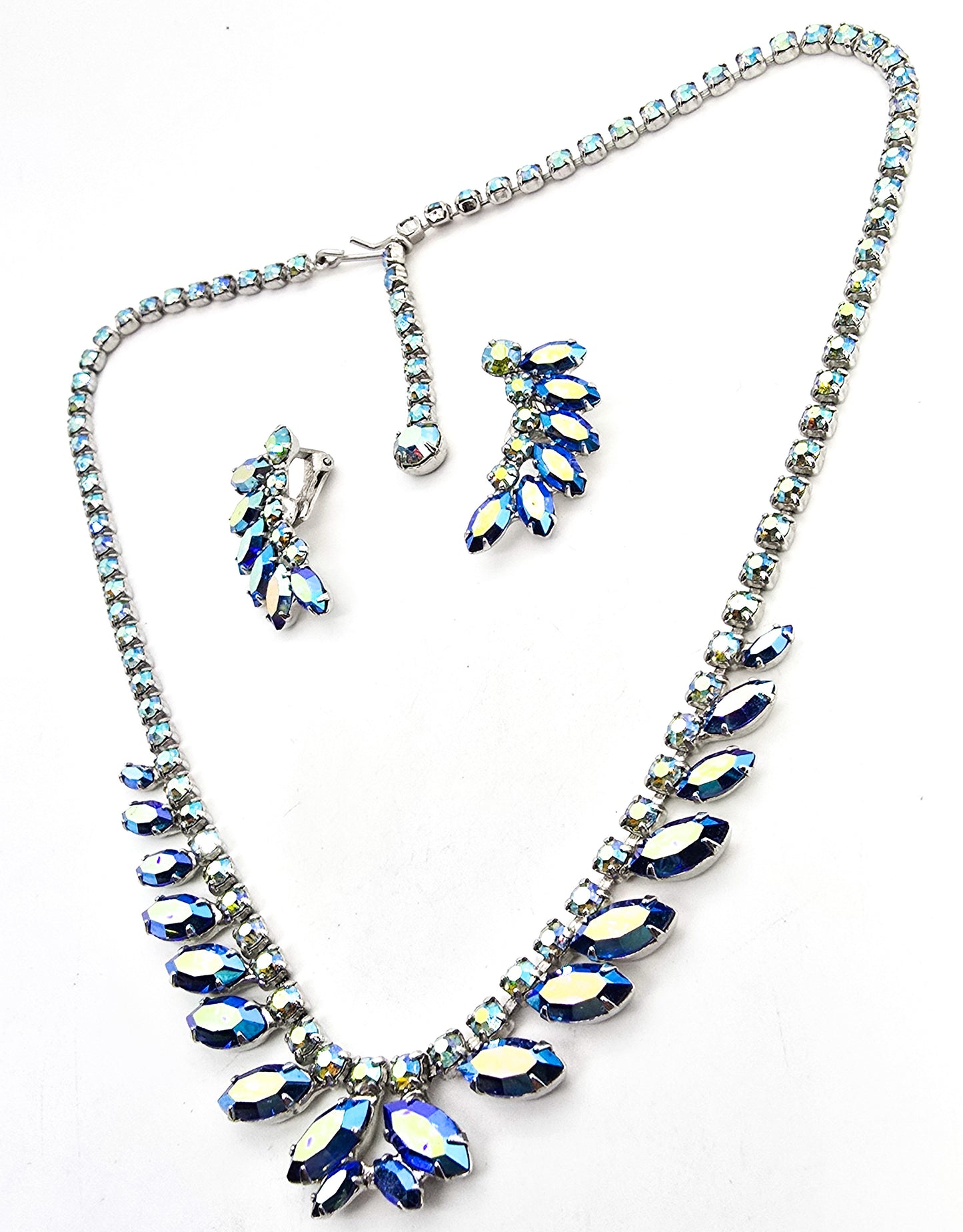 B. David Blue Aurora borealis rainbow necklace clip on earrings vintage demi set