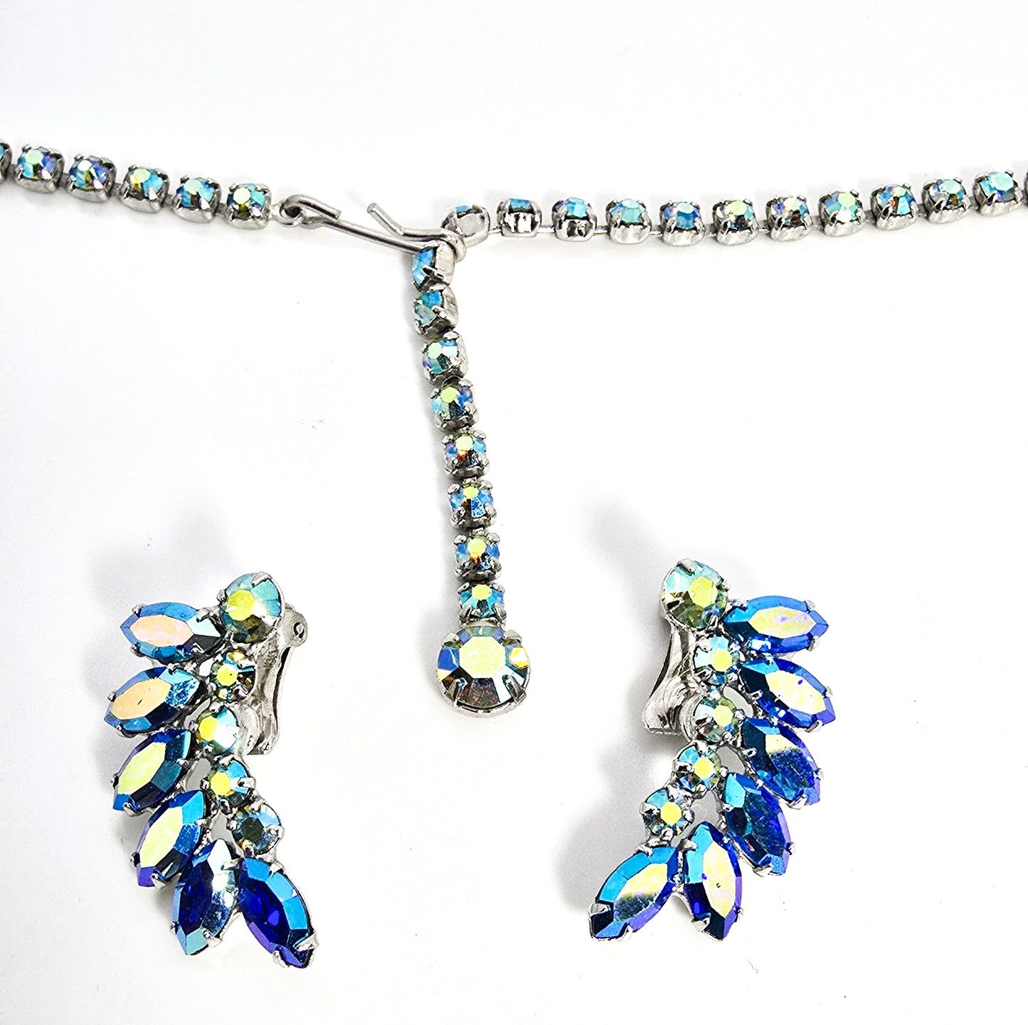 B. David Blue Aurora borealis rainbow necklace clip on earrings vintage demi set