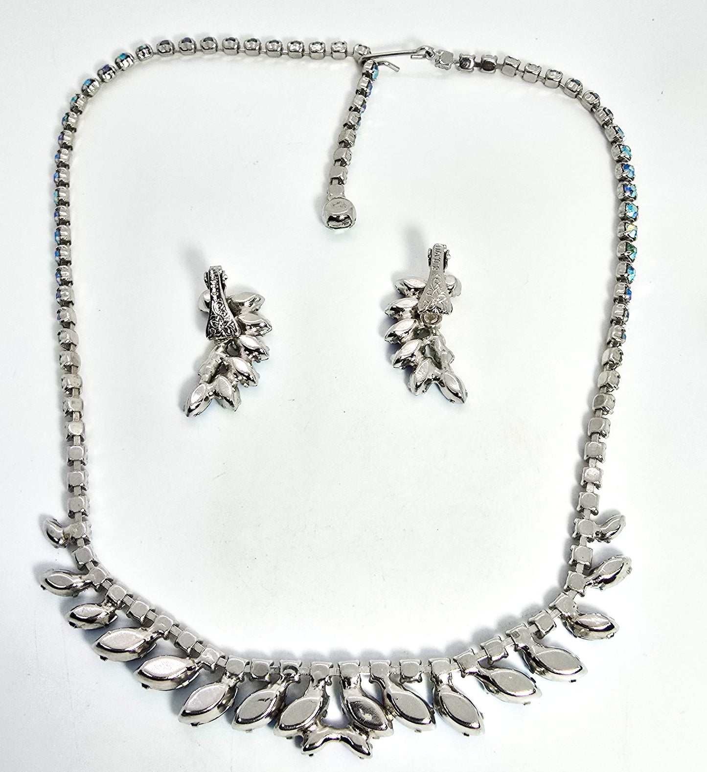 B. David Blue Aurora borealis rainbow necklace clip on earrings vintage demi set