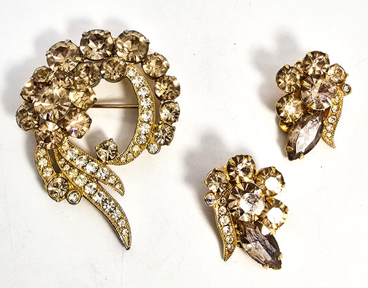 Eisenberg Champagne Rhinestone Brooch and earrings signed vintage demi parure set