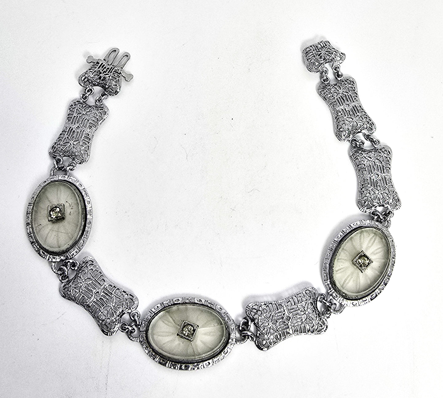 Art Deco Rhodium plated camphor glass 3 panel vintage filigree bracelet *Damaged*