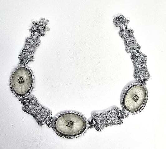Art Deco Rhodium plated camphor glass 3 panel vintage filigree bracelet *Damaged*
