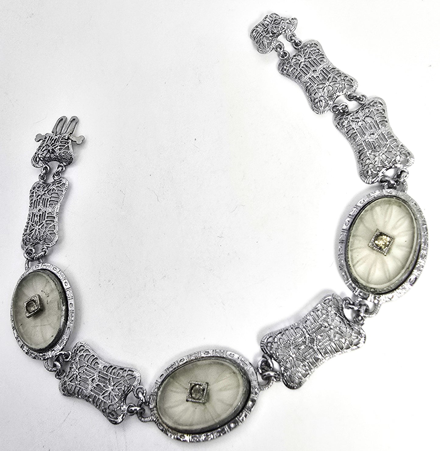 Art Deco Rhodium plated camphor glass 3 panel vintage filigree bracelet *Damaged*