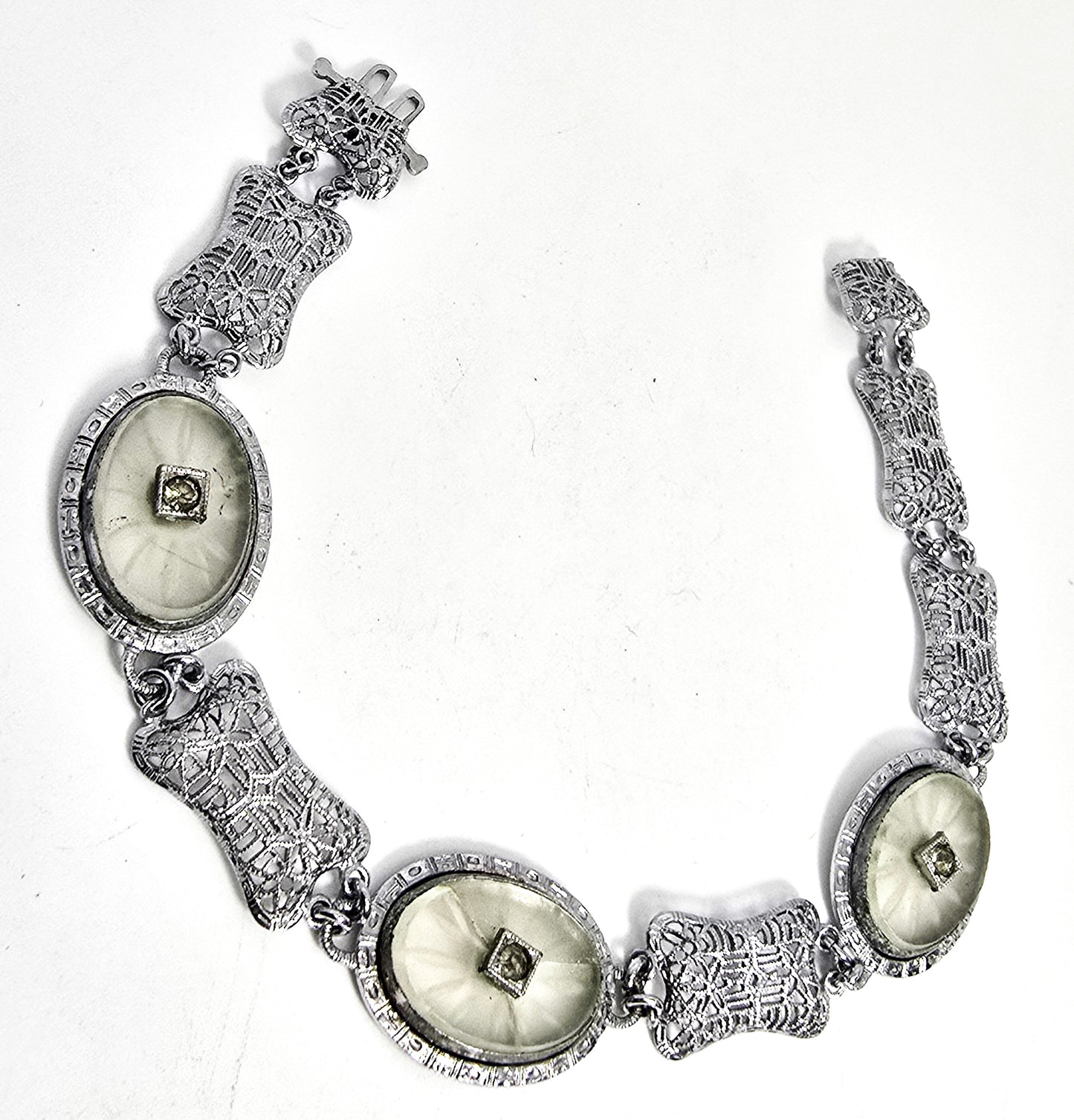 Art Deco Rhodium plated camphor glass 3 panel vintage filigree bracelet *Damaged*