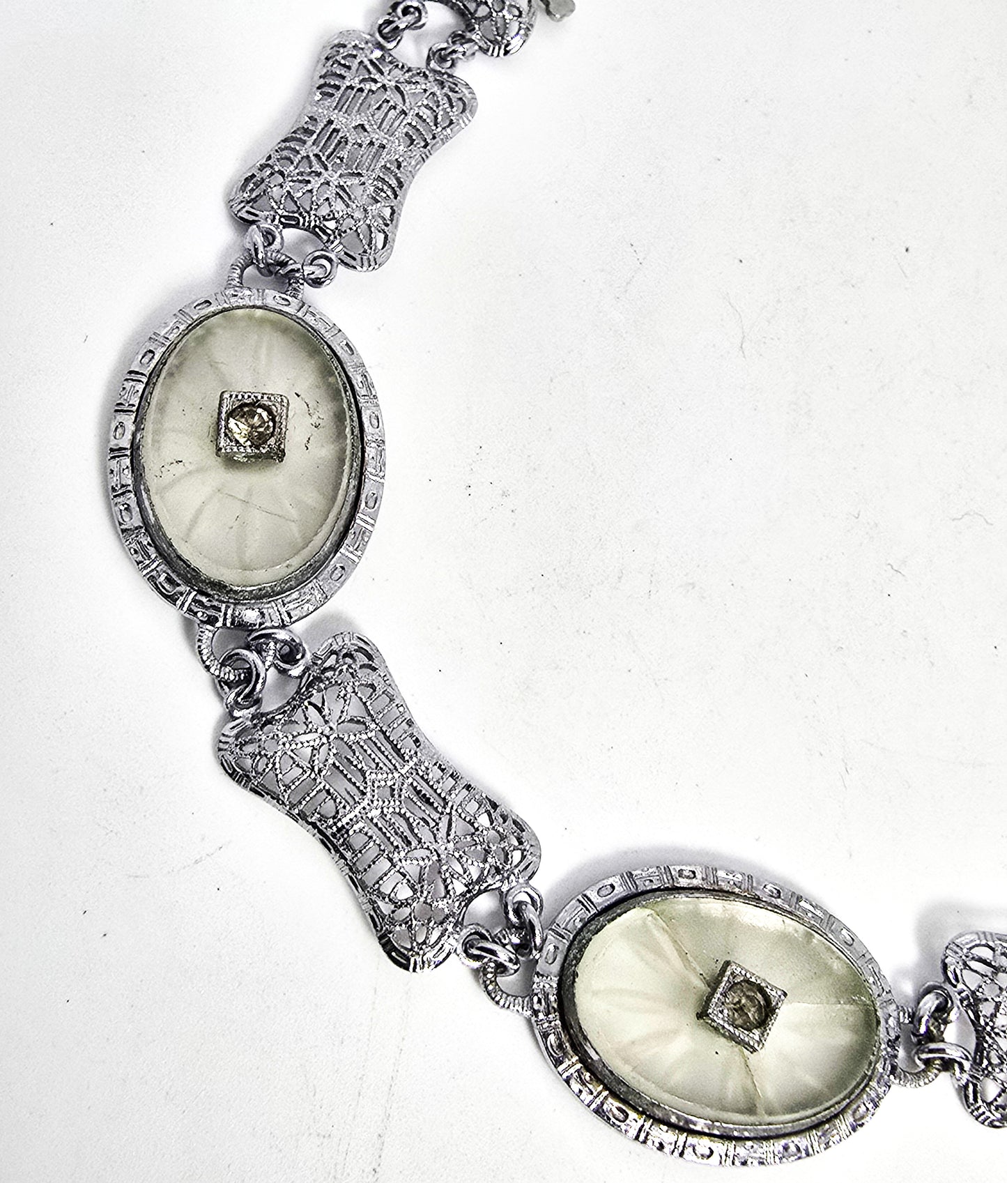 Art Deco Rhodium plated camphor glass 3 panel vintage filigree bracelet *Damaged*