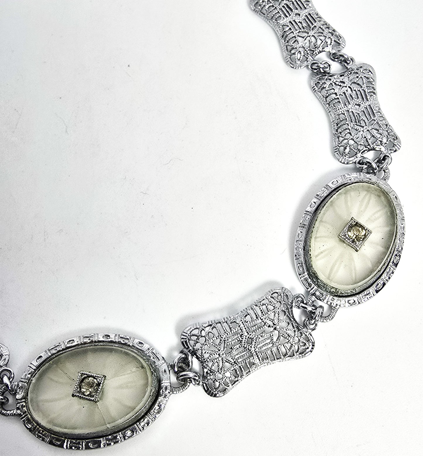 Art Deco Rhodium plated camphor glass 3 panel vintage filigree bracelet *Damaged*