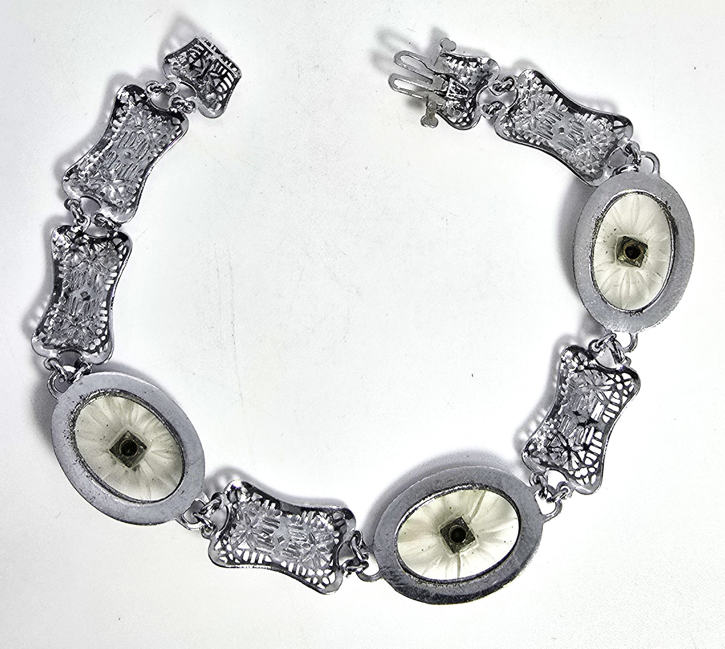 Art Deco Rhodium plated camphor glass 3 panel vintage filigree bracelet *Damaged*