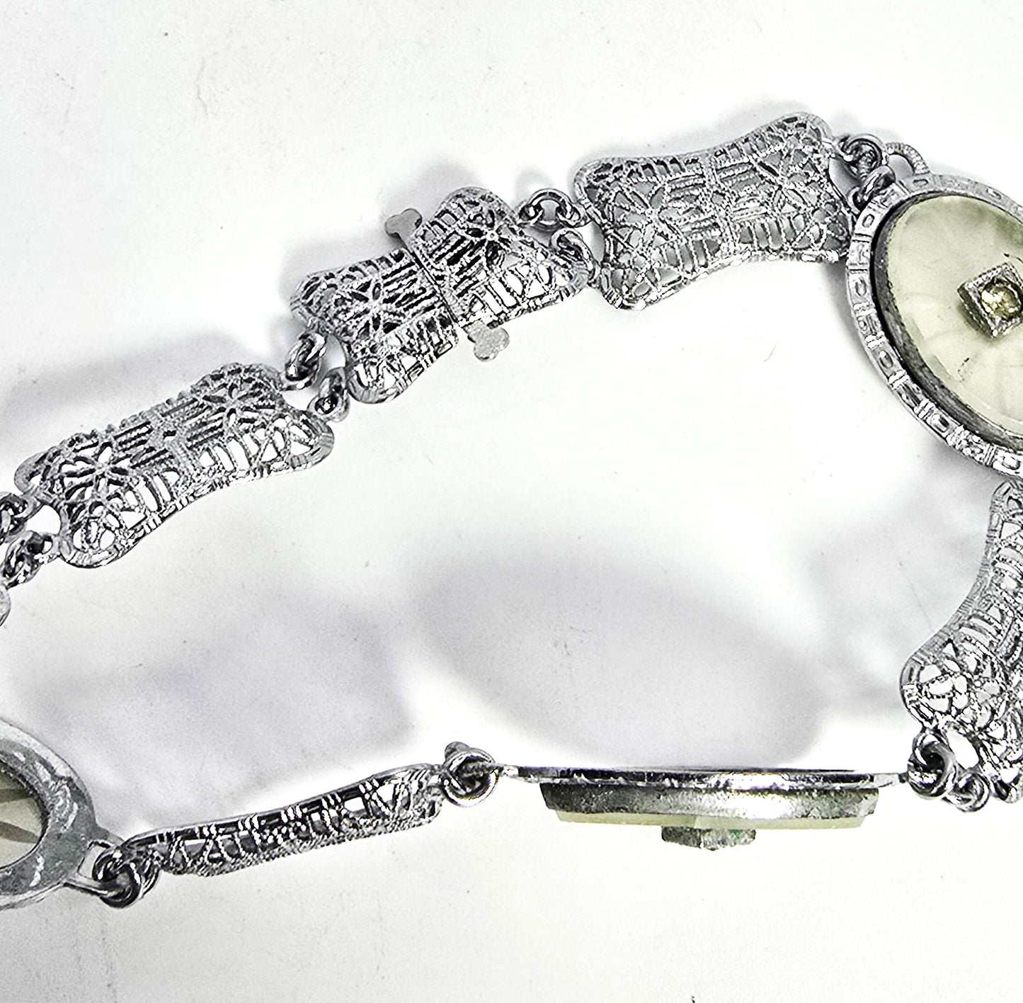 Art Deco Rhodium plated camphor glass 3 panel vintage filigree bracelet *Damaged*