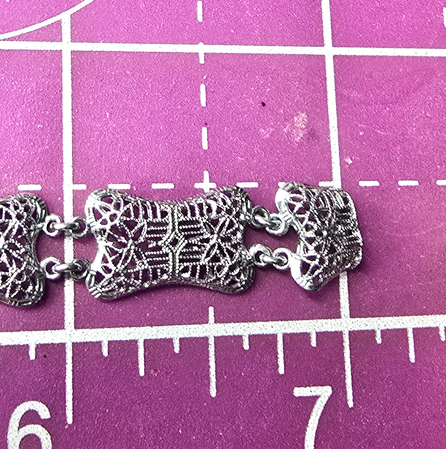 Art Deco Rhodium plated camphor glass 3 panel vintage filigree bracelet *Damaged*