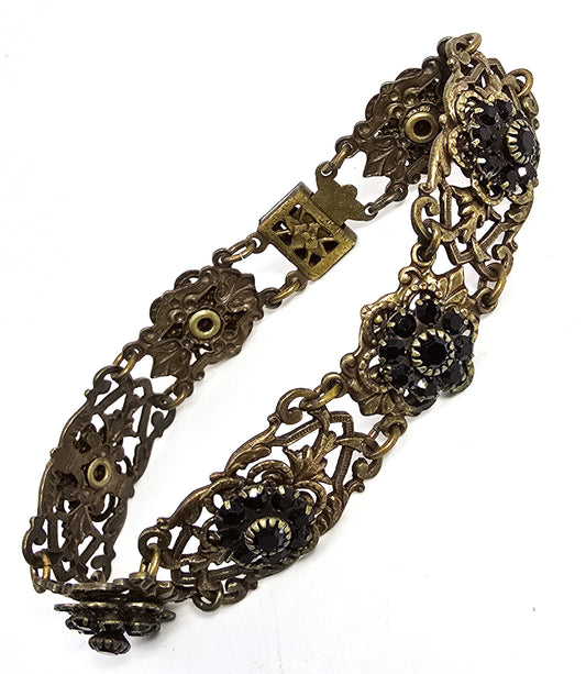 Black rhinestone flower mid century vintage brass rhinestone bracelet