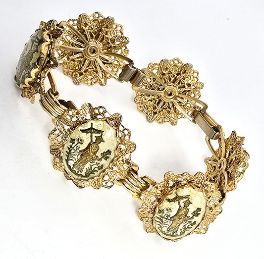 Chinese Samurai intaglio goofus glass mercury painted vintage panel bracelet