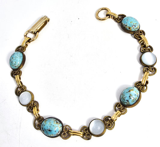 Robin's egg blue glass white cat's eye gold toned vintage mid century bracelet