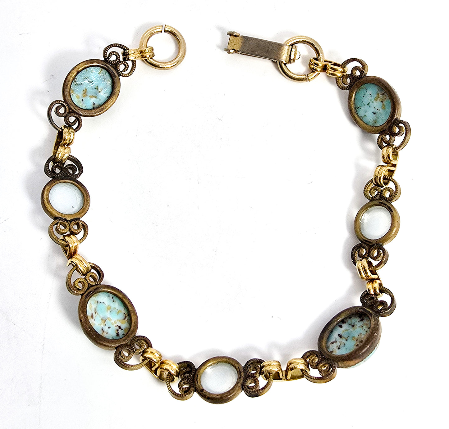 Robin's egg blue glass white cat's eye gold toned vintage mid century bracelet